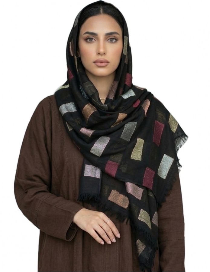 Plain Jacquard Scarf with Colorful Squares