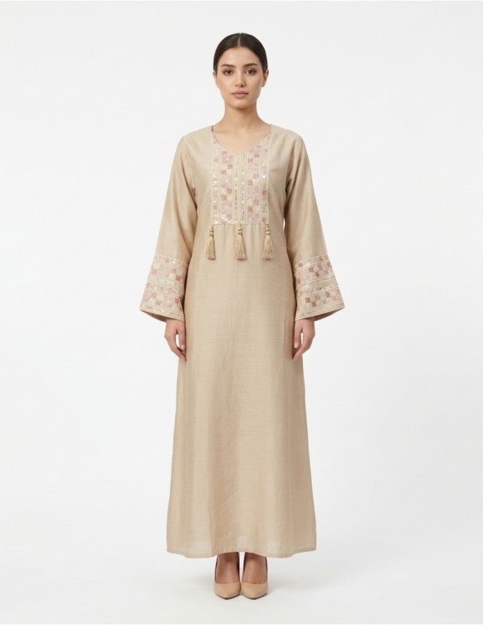 Elegant Embroidered Jalabiya with Tassels and Bell Sleeves