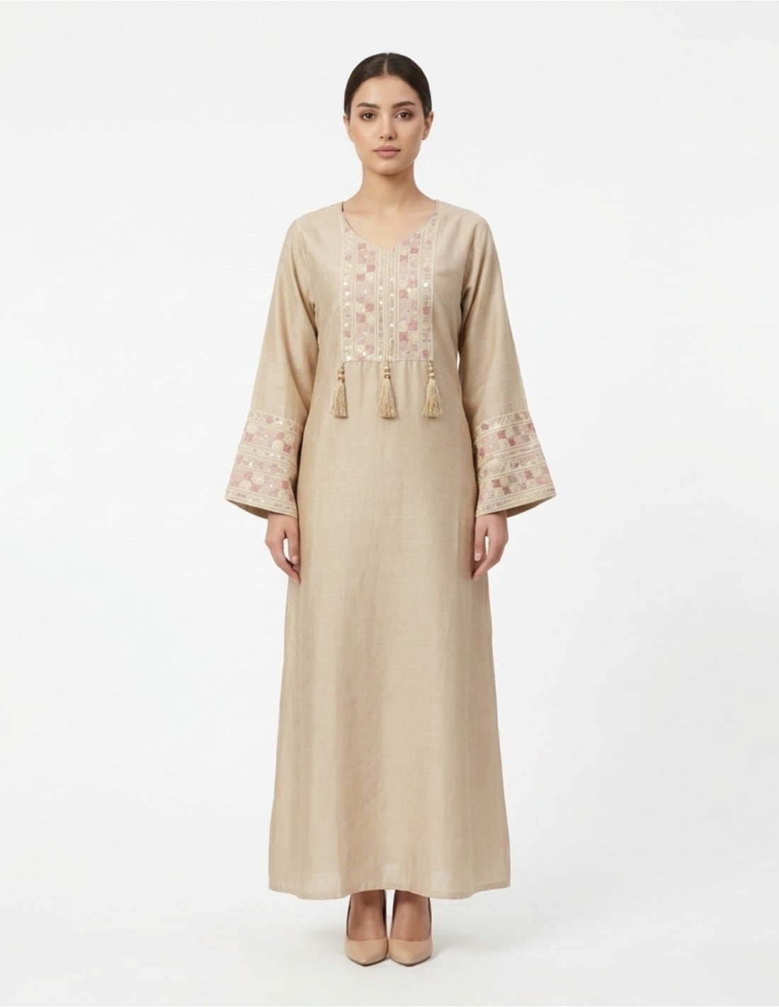 Elegant Embroidered Jalabiya with Tassels and Bell Sleeves