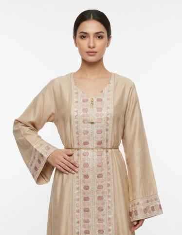 Elegant Full-Length Embroidered Jalabiya with Belt