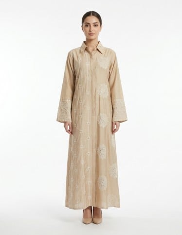 Elegant Beige Jalabiya with Intricate Floral Embroidery