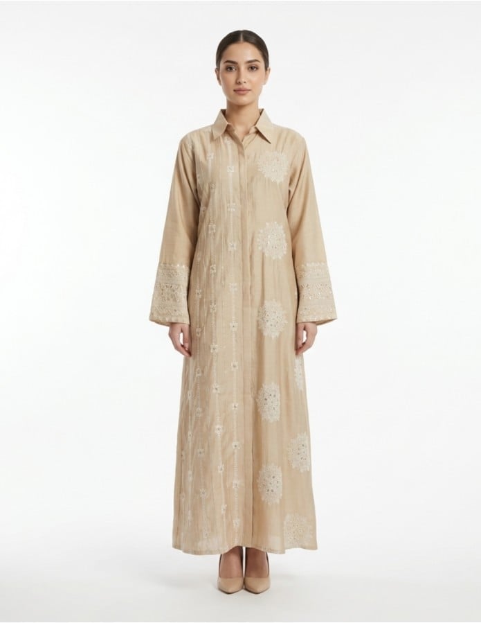 Elegant Beige Jalabiya with Intricate Floral Embroidery