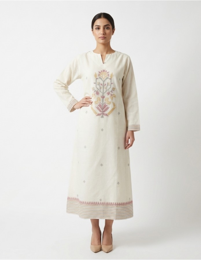 Off-White Jalabiya with Modern Botanical Embroidery