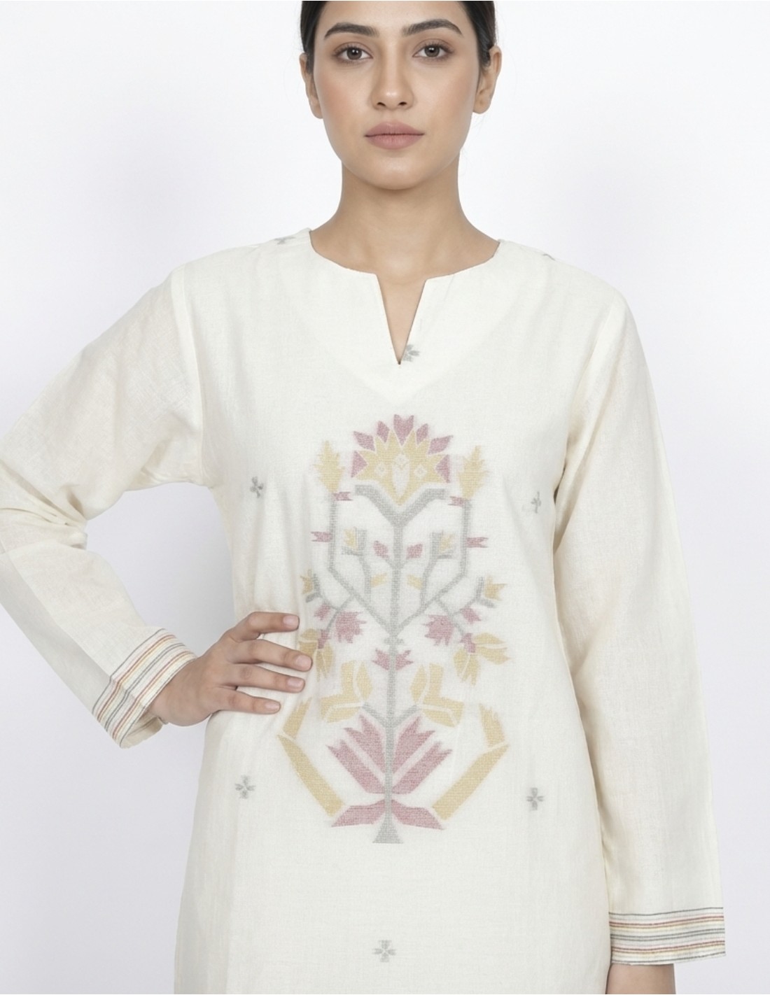 Off-White Jalabiya with Modern Botanical Embroidery