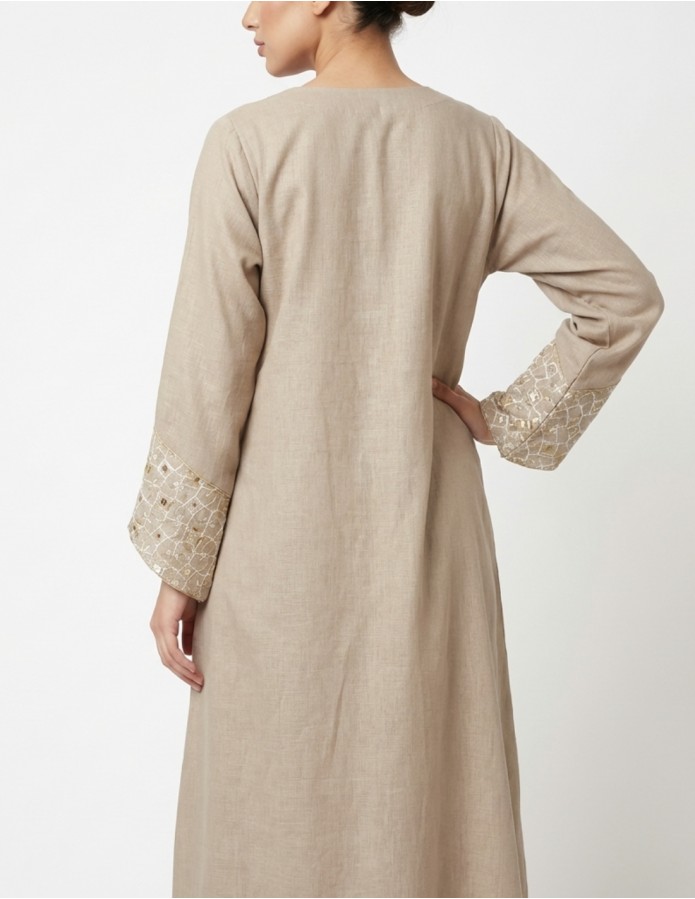 Elegant Beige Jalabiya with Gold Embroidery