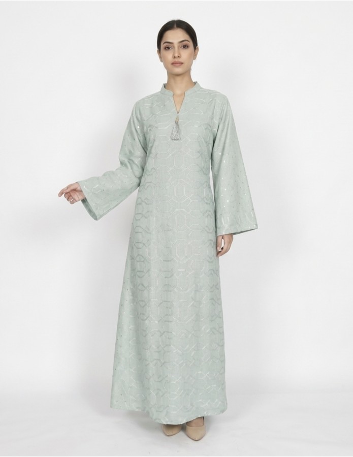 Light Green Jalabiya with Geometric Embroidery