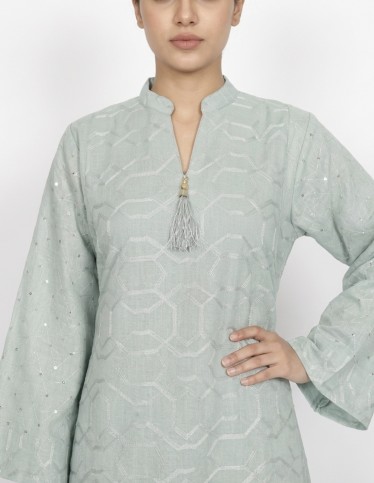 Light Green Jalabiya with Geometric Embroidery