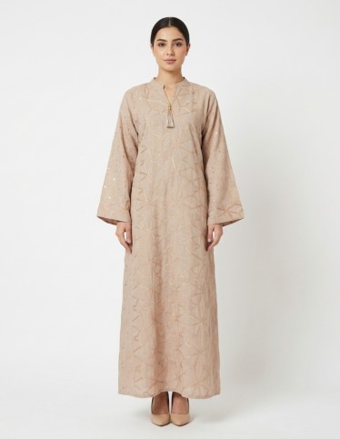 Beige Jalabiya with Intricate Geometric Embroidery