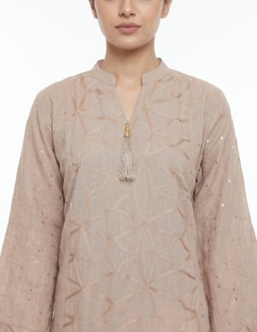 Beige Jalabiya with Intricate Geometric Embroidery