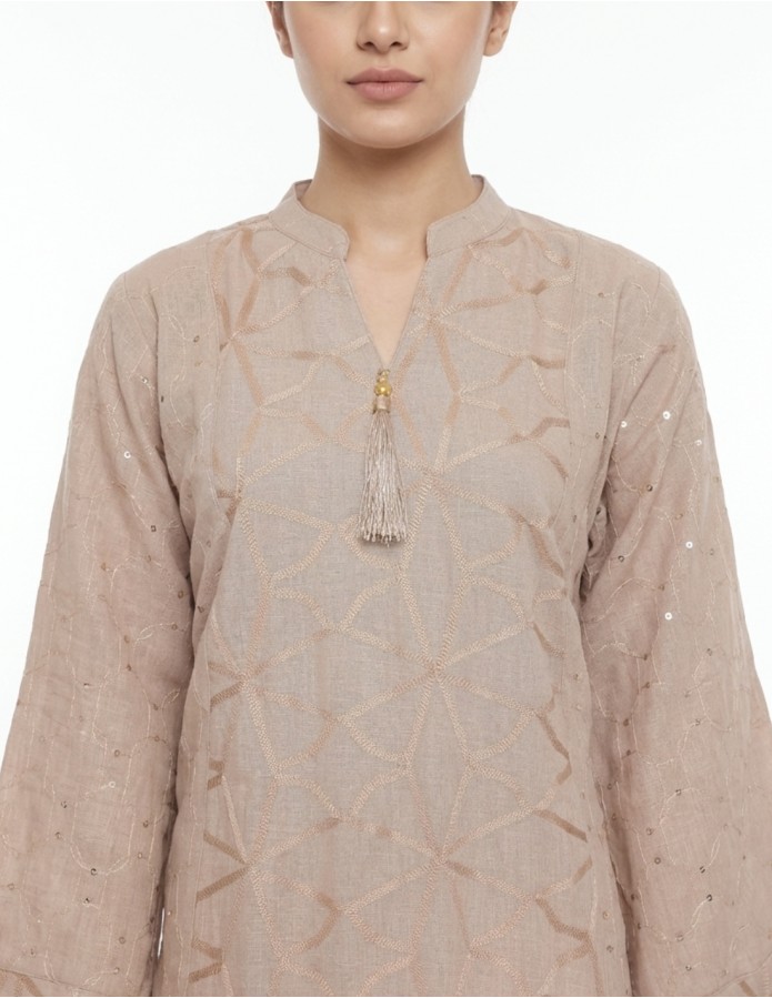 Beige Jalabiya with Intricate Geometric Embroidery