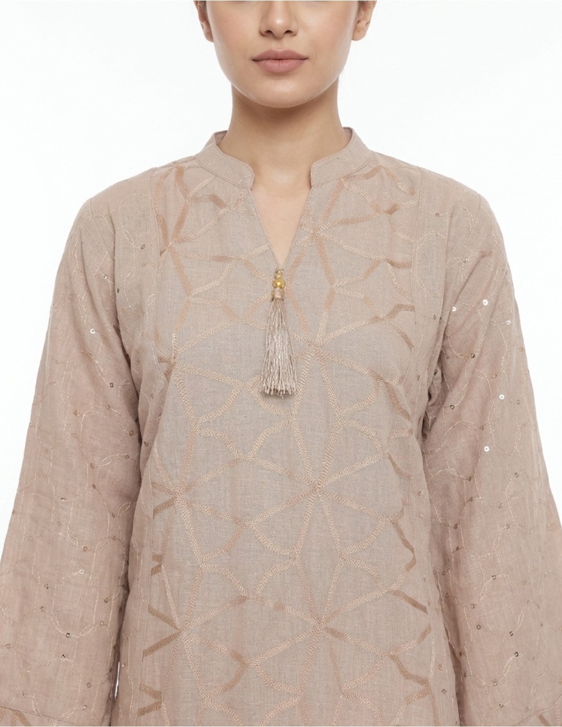 Beige Jalabiya with Intricate Geometric Embroidery