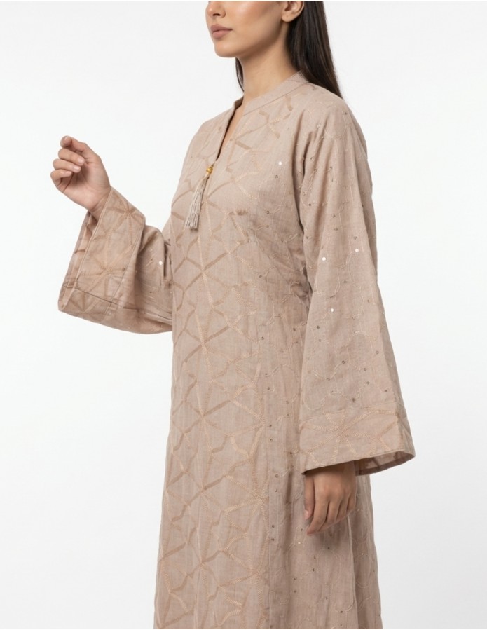 Beige Jalabiya with Intricate Geometric Embroidery