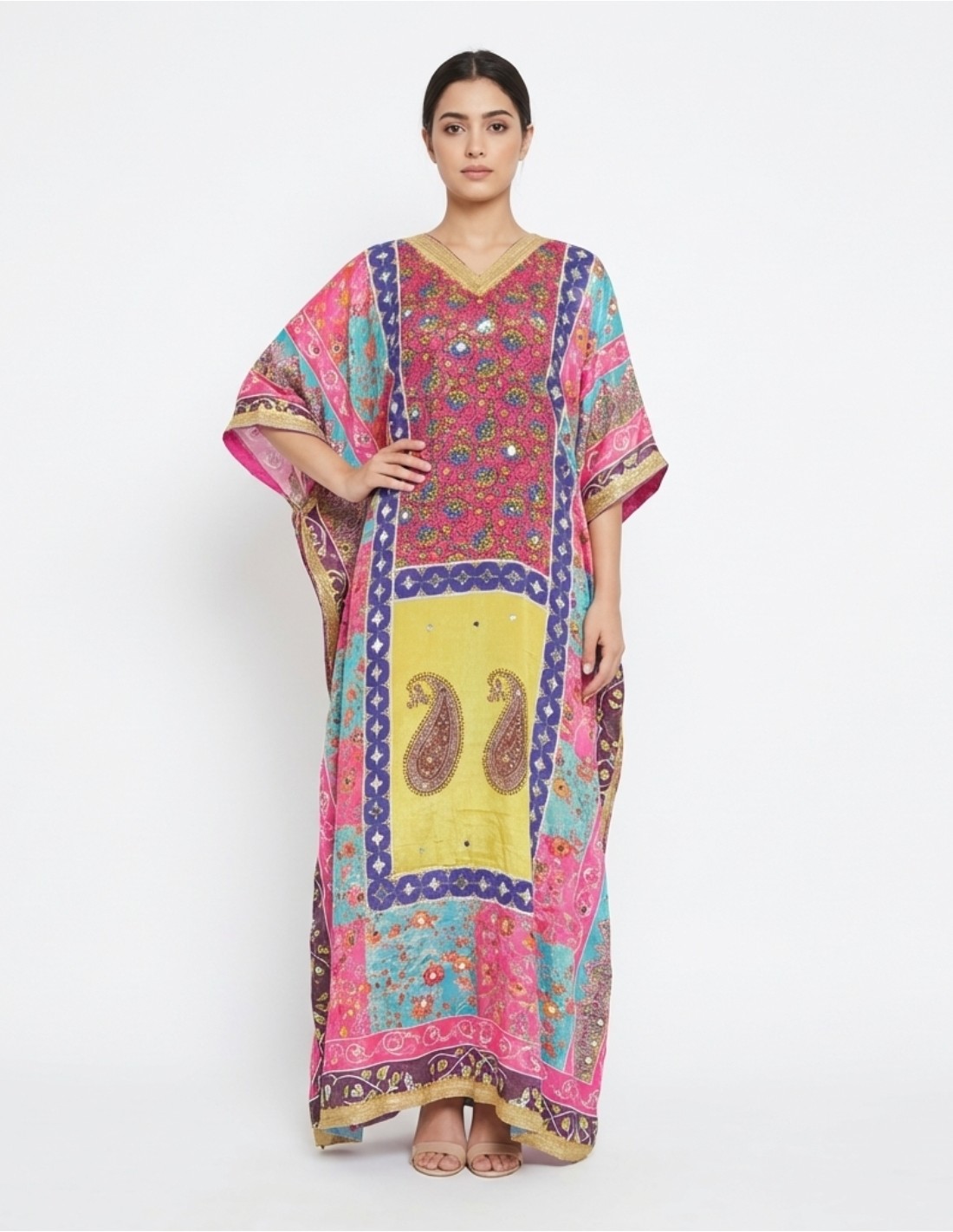 Fuchsia Mirror-Embellished Kaftan Jalabiya