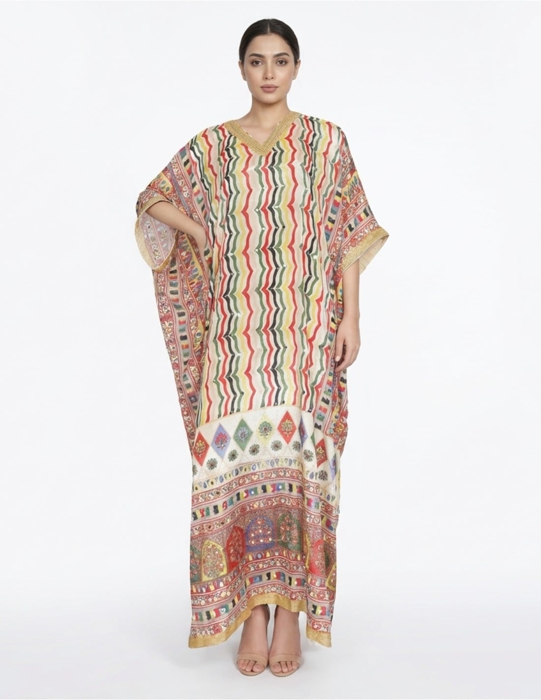 Vibrant Striped Kaftan Jalabiya with Mirror Embellishments