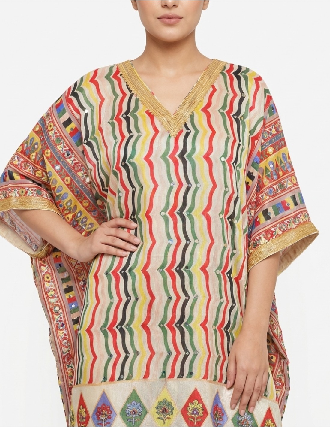 Vibrant Striped Kaftan Jalabiya with Mirror Embellishments