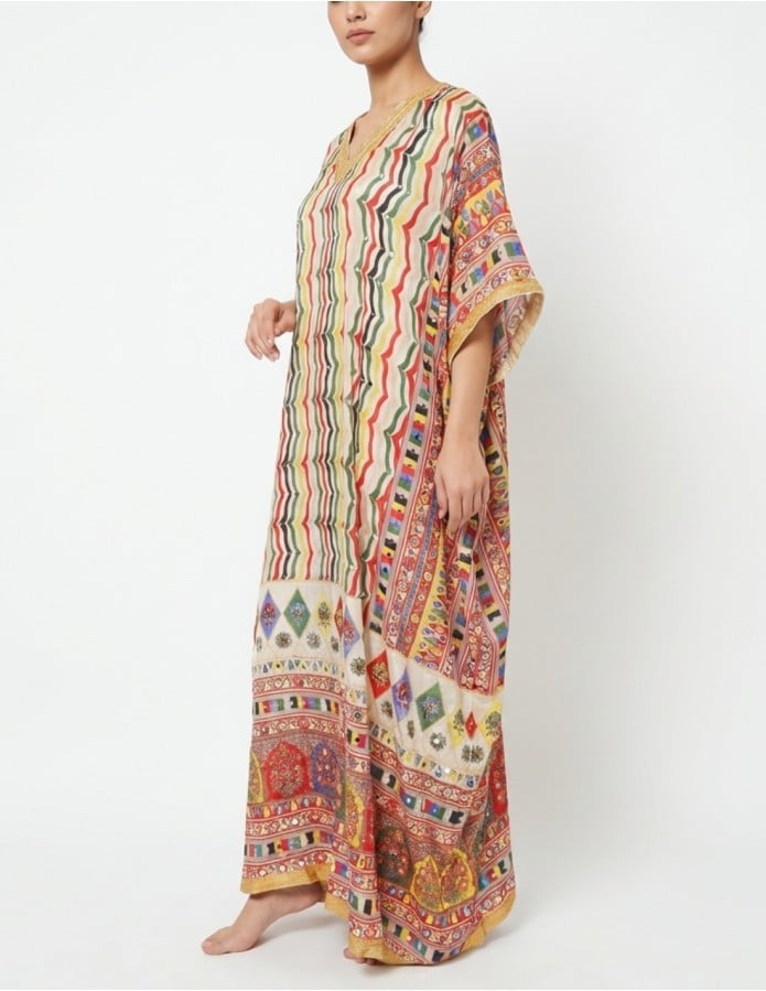 Vibrant Striped Kaftan Jalabiya with Mirror Embellishments