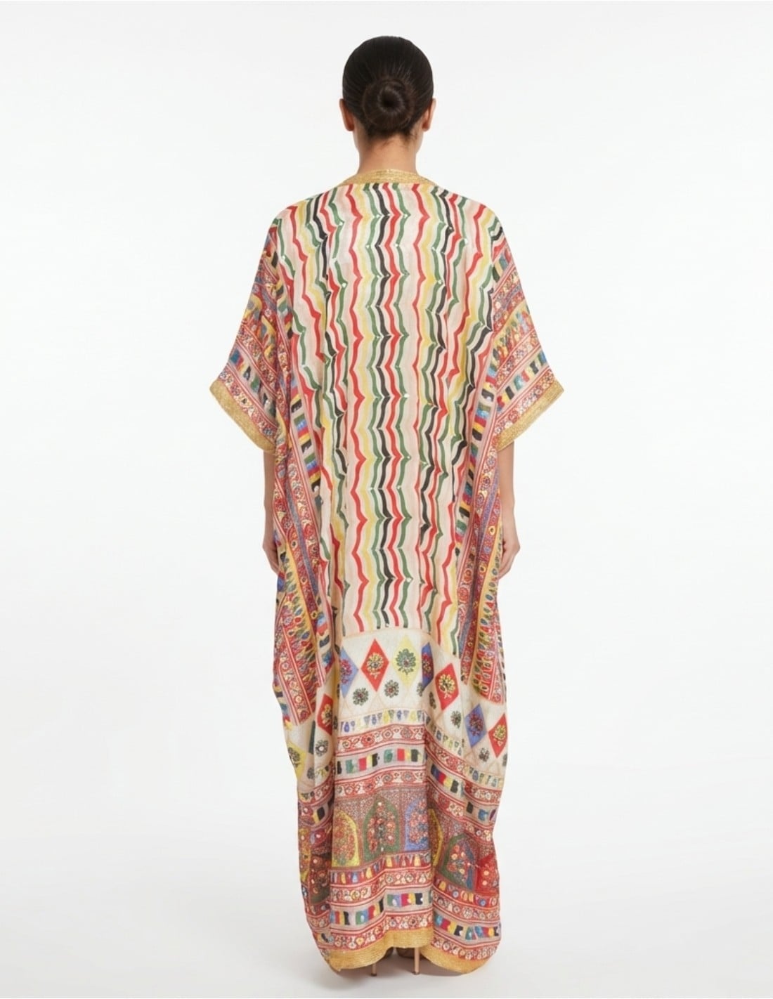 Vibrant Striped Kaftan Jalabiya with Mirror Embellishments
