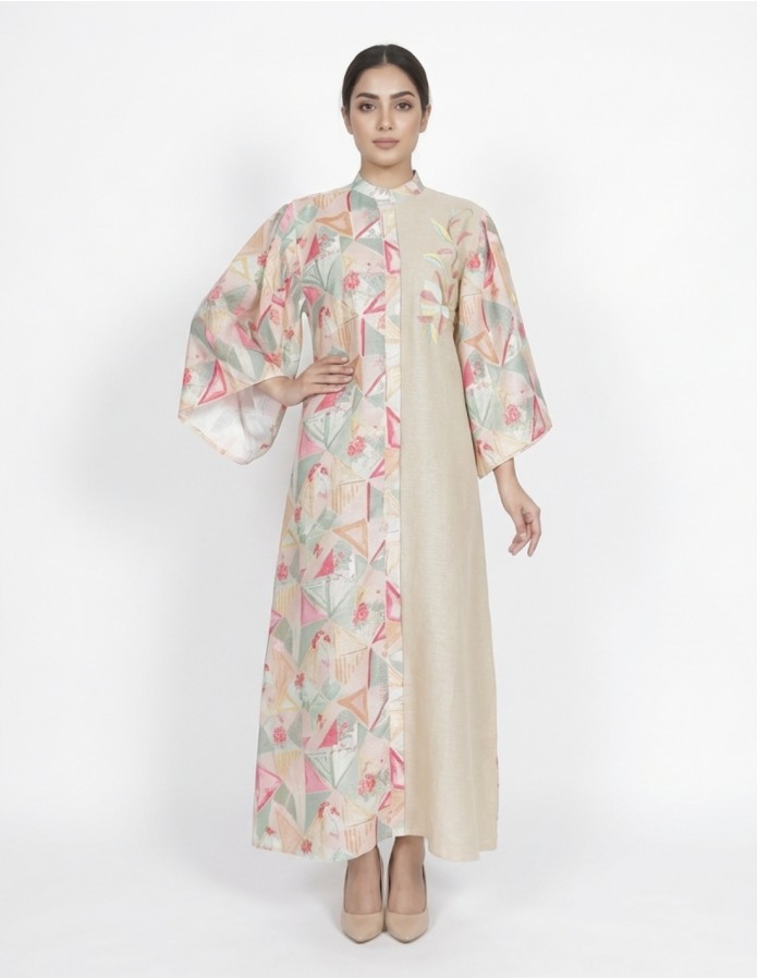 Modern Beige Jalabiya with Geometric Floral Print