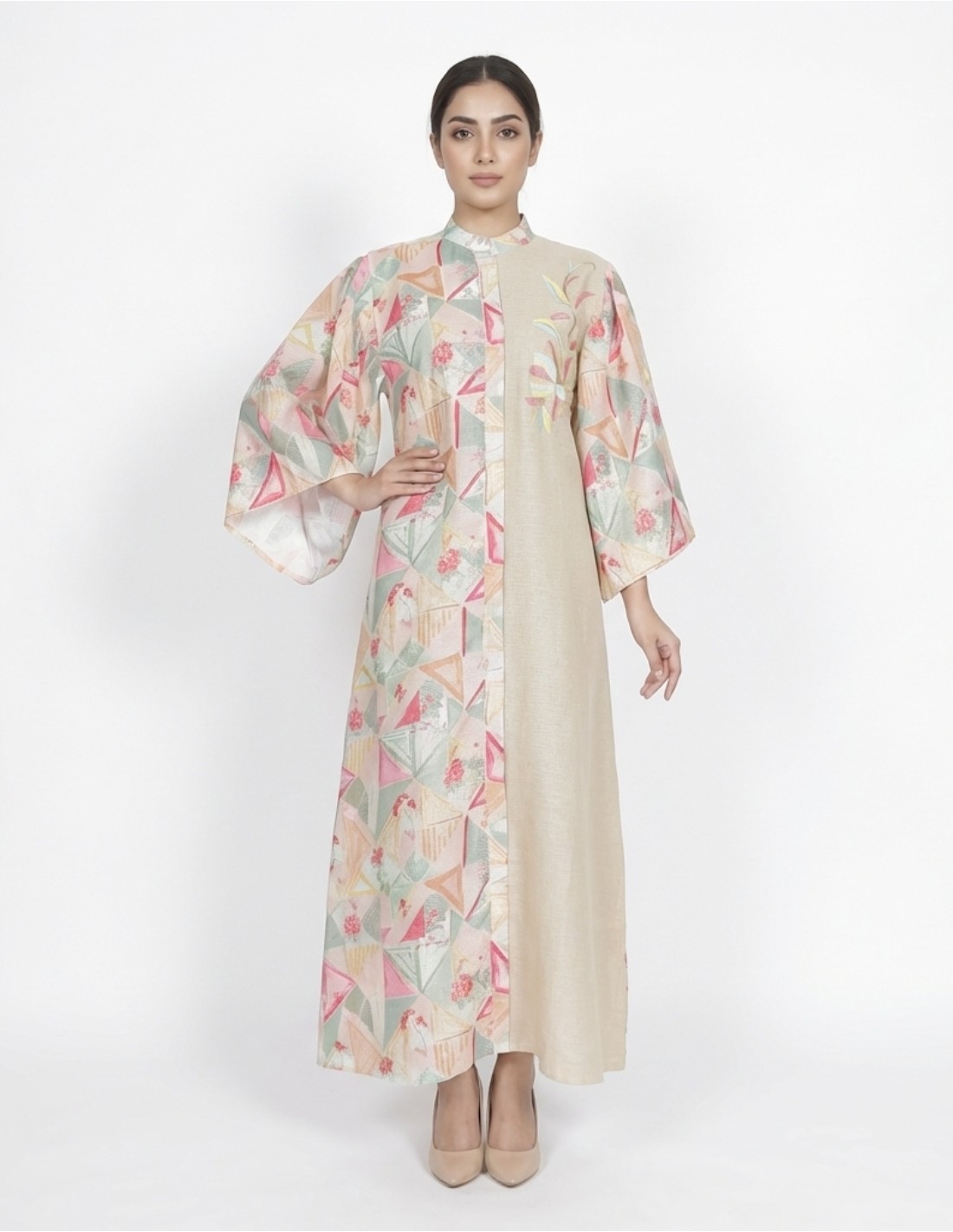 Modern Beige Jalabiya with Geometric Floral Print