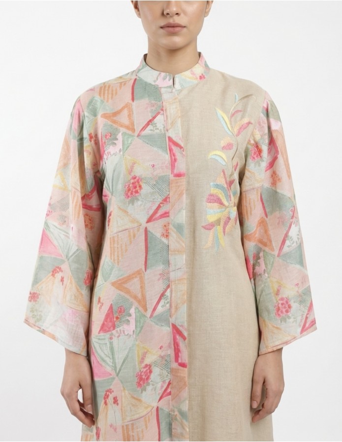 Modern Beige Jalabiya with Geometric Floral Print
