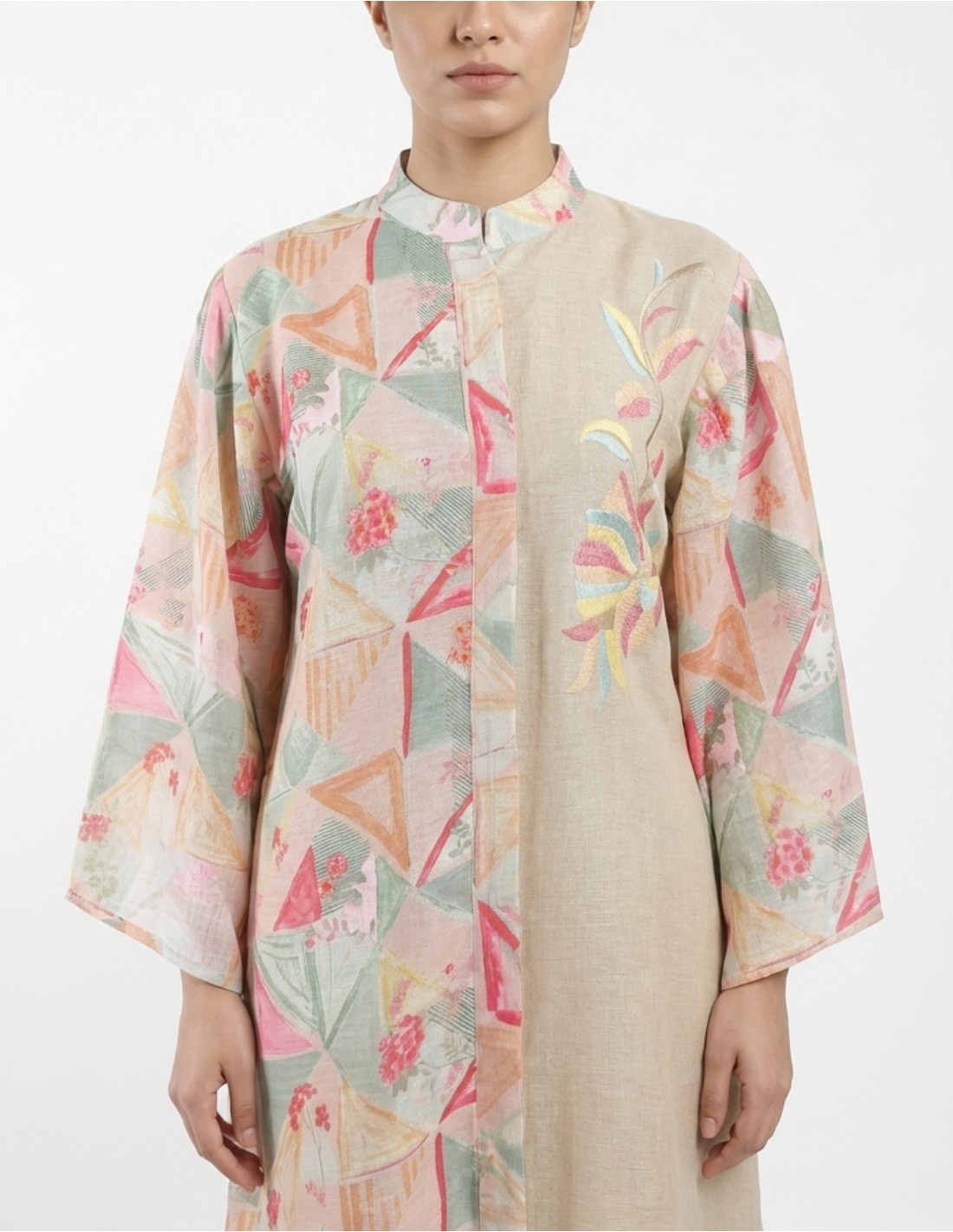 Modern Beige Jalabiya with Geometric Floral Print