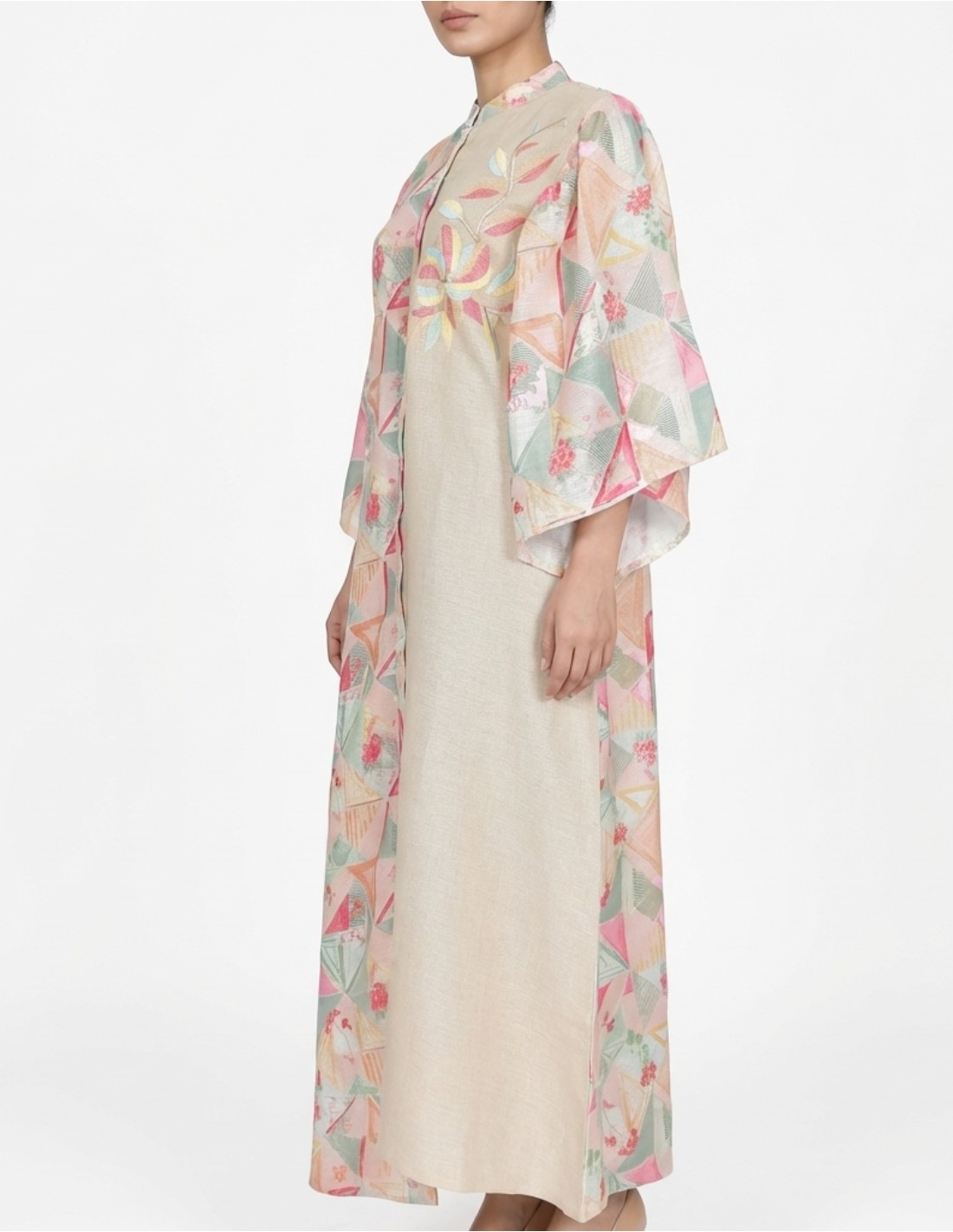 Modern Beige Jalabiya with Geometric Floral Print