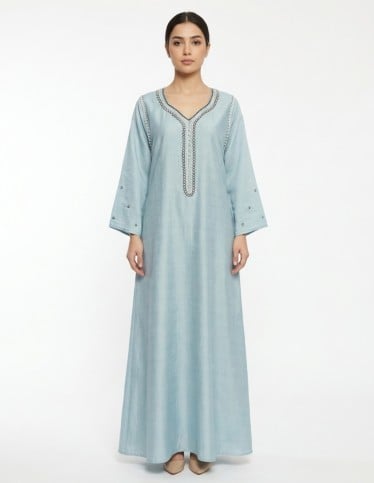 Sky Blue Embroidered V-Neck Jalabiya with Bell Sleeves