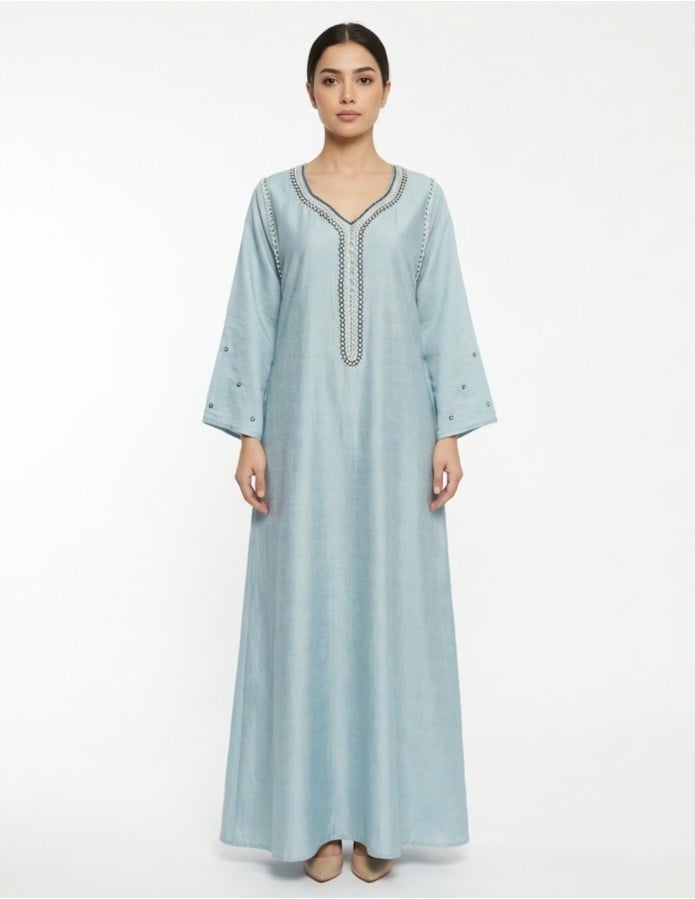 Sky Blue Embroidered V-Neck Jalabiya with Bell Sleeves