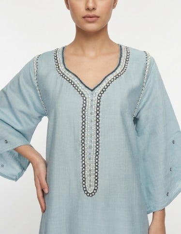 Sky Blue Embroidered V-Neck Jalabiya with Bell Sleeves