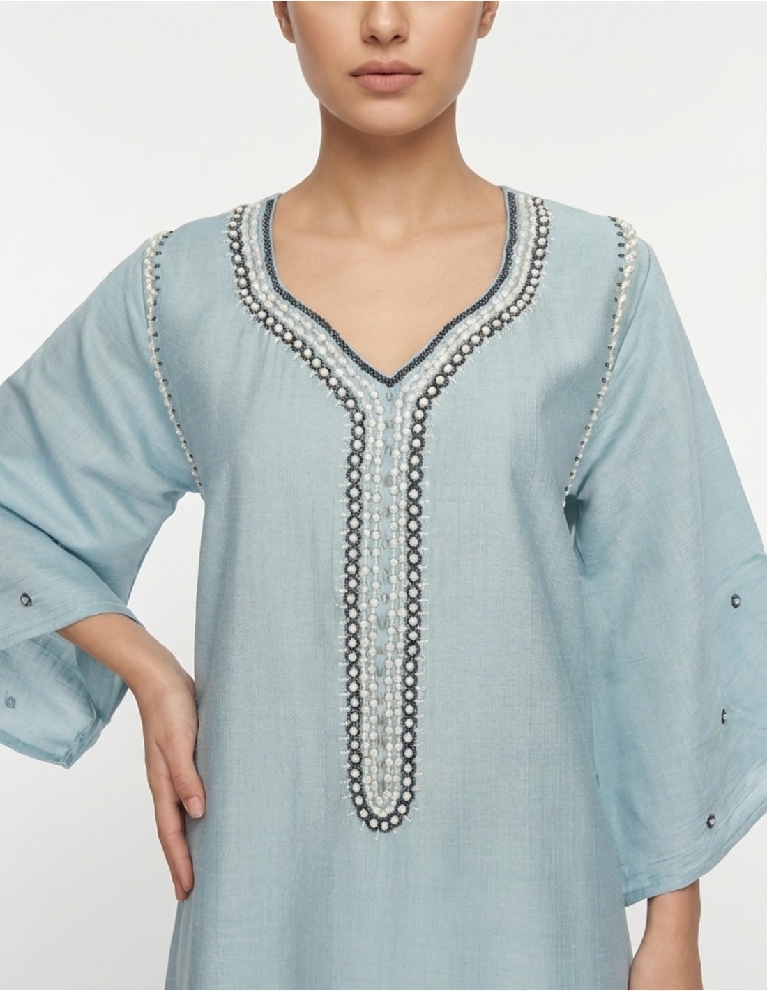 Sky Blue Embroidered V-Neck Jalabiya with Bell Sleeves