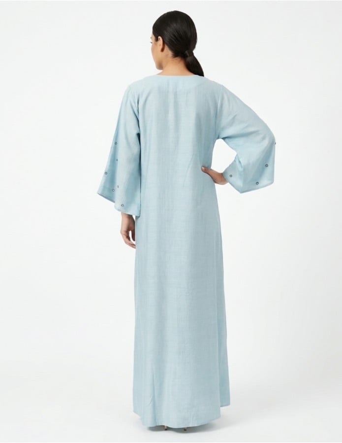 Sky Blue Embroidered V-Neck Jalabiya with Bell Sleeves