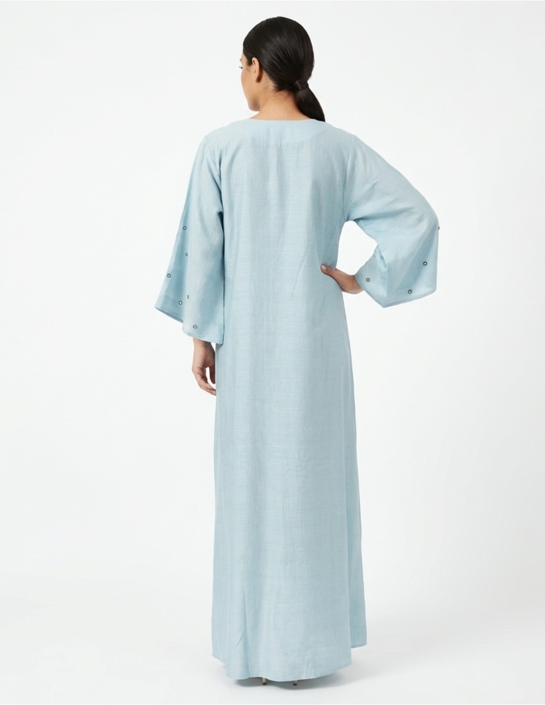 Sky Blue Embroidered V-Neck Jalabiya with Bell Sleeves