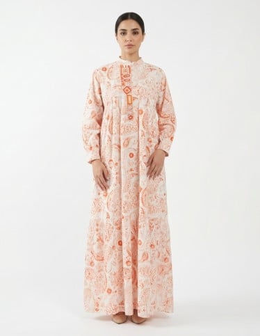 Orange Paisley Print Jalabiya with Geometric Beaded Yoke