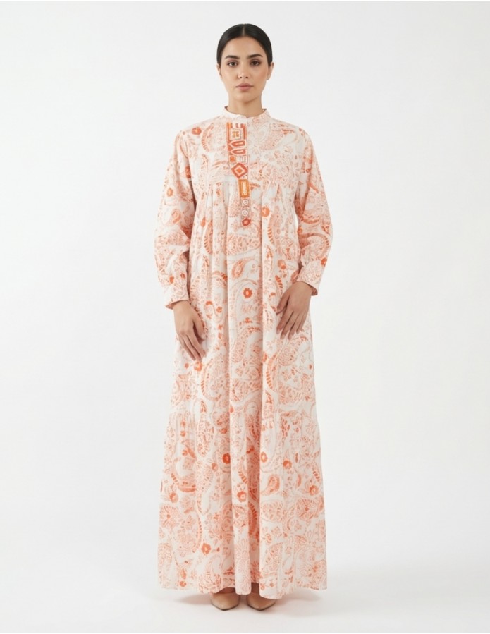 Orange Paisley Print Jalabiya with Geometric Beaded Yoke