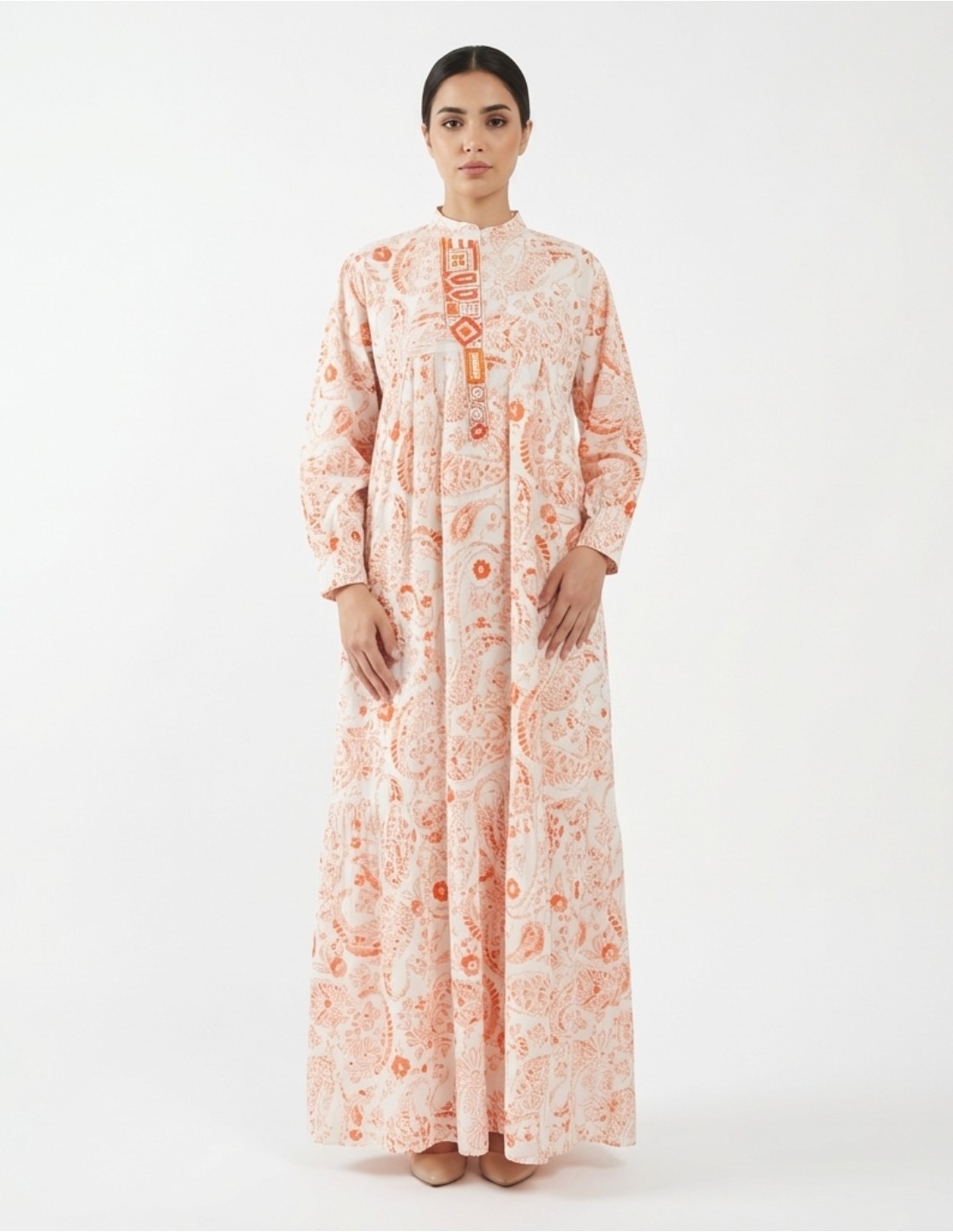 Orange Paisley Print Jalabiya with Geometric Beaded Yoke