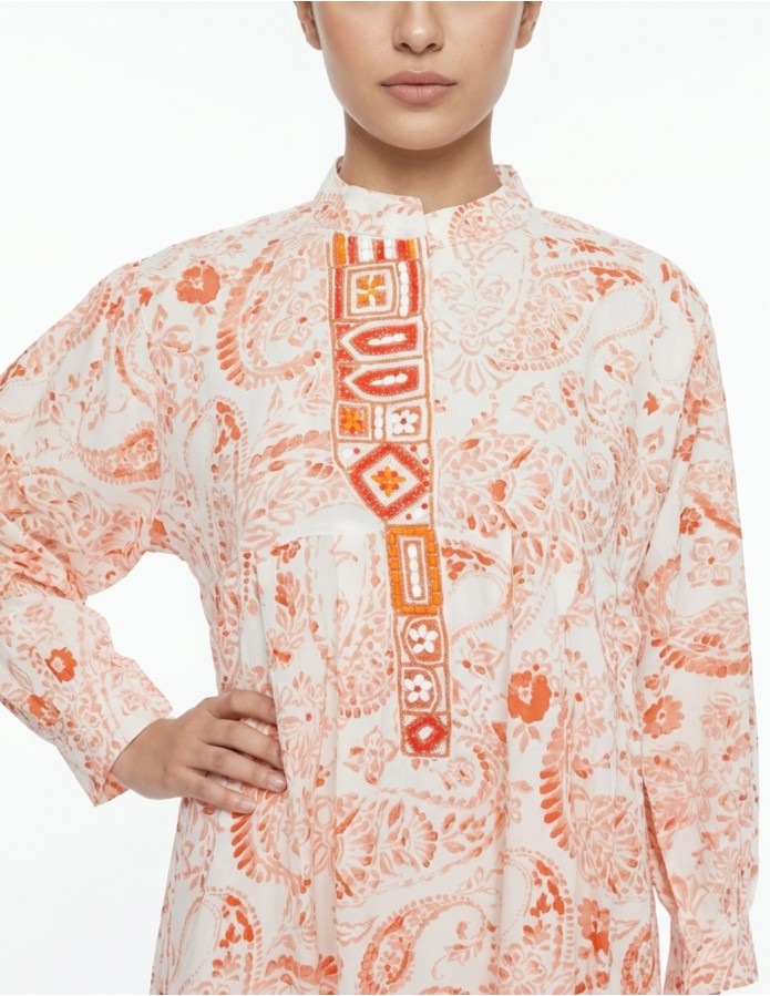 Orange Paisley Print Jalabiya with Geometric Beaded Yoke
