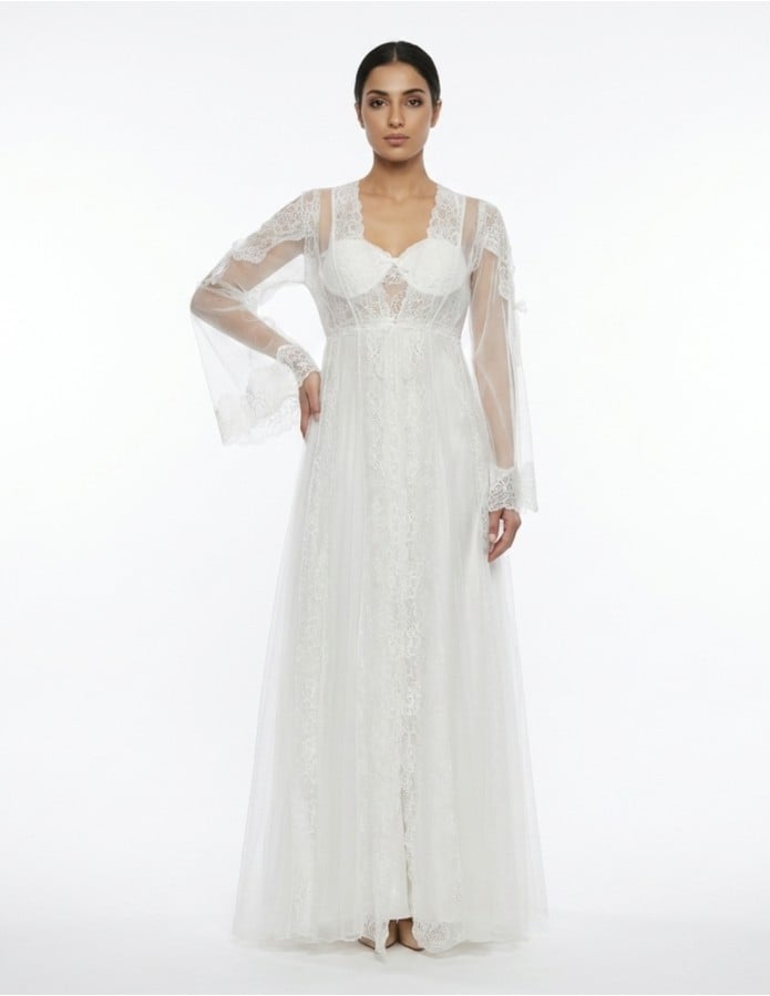 Romantic White Sheer Lace Long Jalabiya