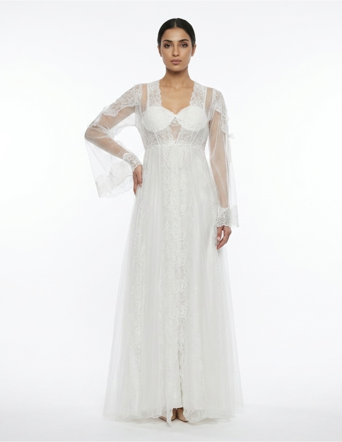 Romantic White Sheer Lace Long Jalabiya