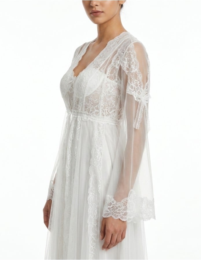 Romantic White Sheer Lace Long Jalabiya