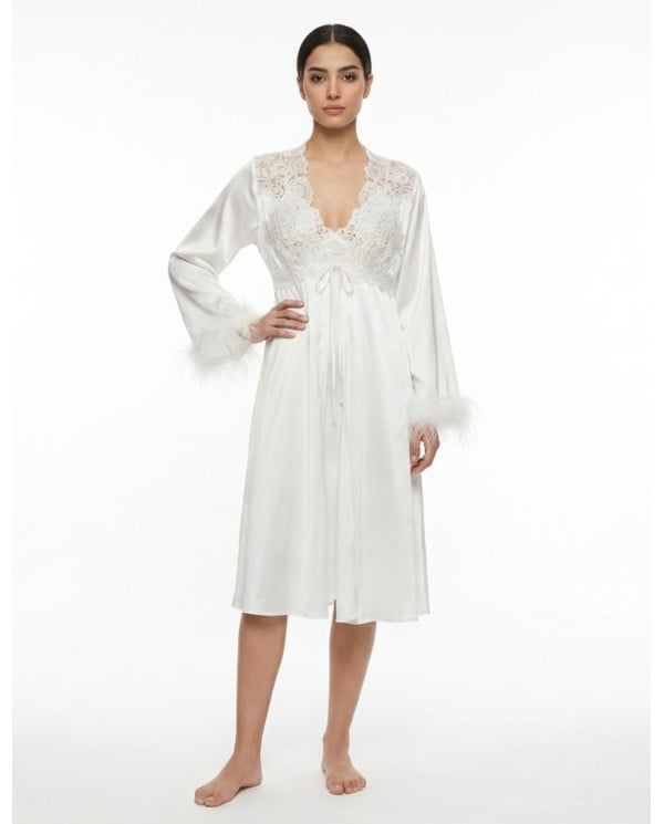 Luxurious White Feather & Lace Midi Jalabiya