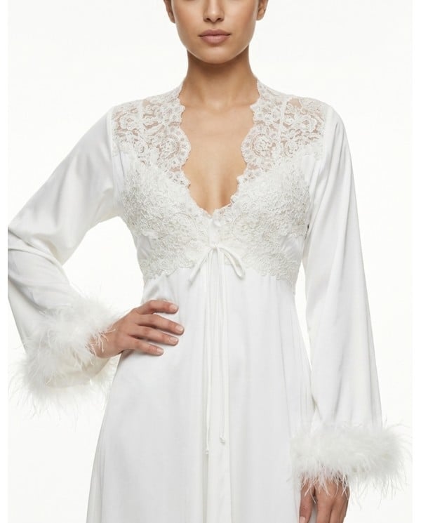 Luxurious White Feather & Lace Midi Jalabiya