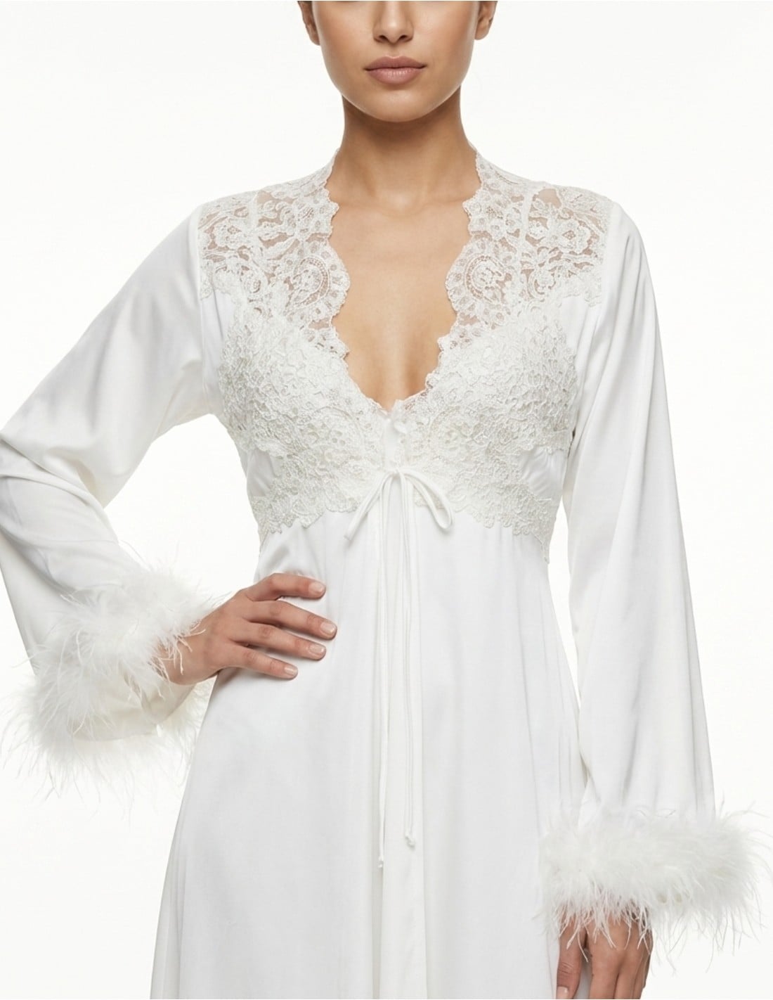 Luxurious White Feather & Lace Midi Jalabiya