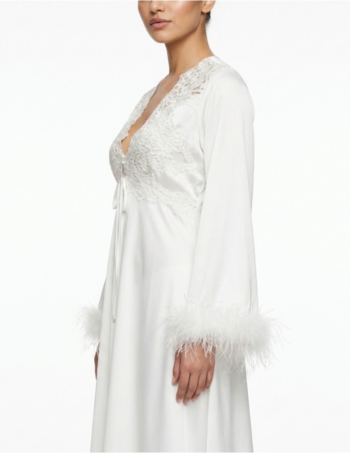 Luxurious White Feather & Lace Midi Jalabiya