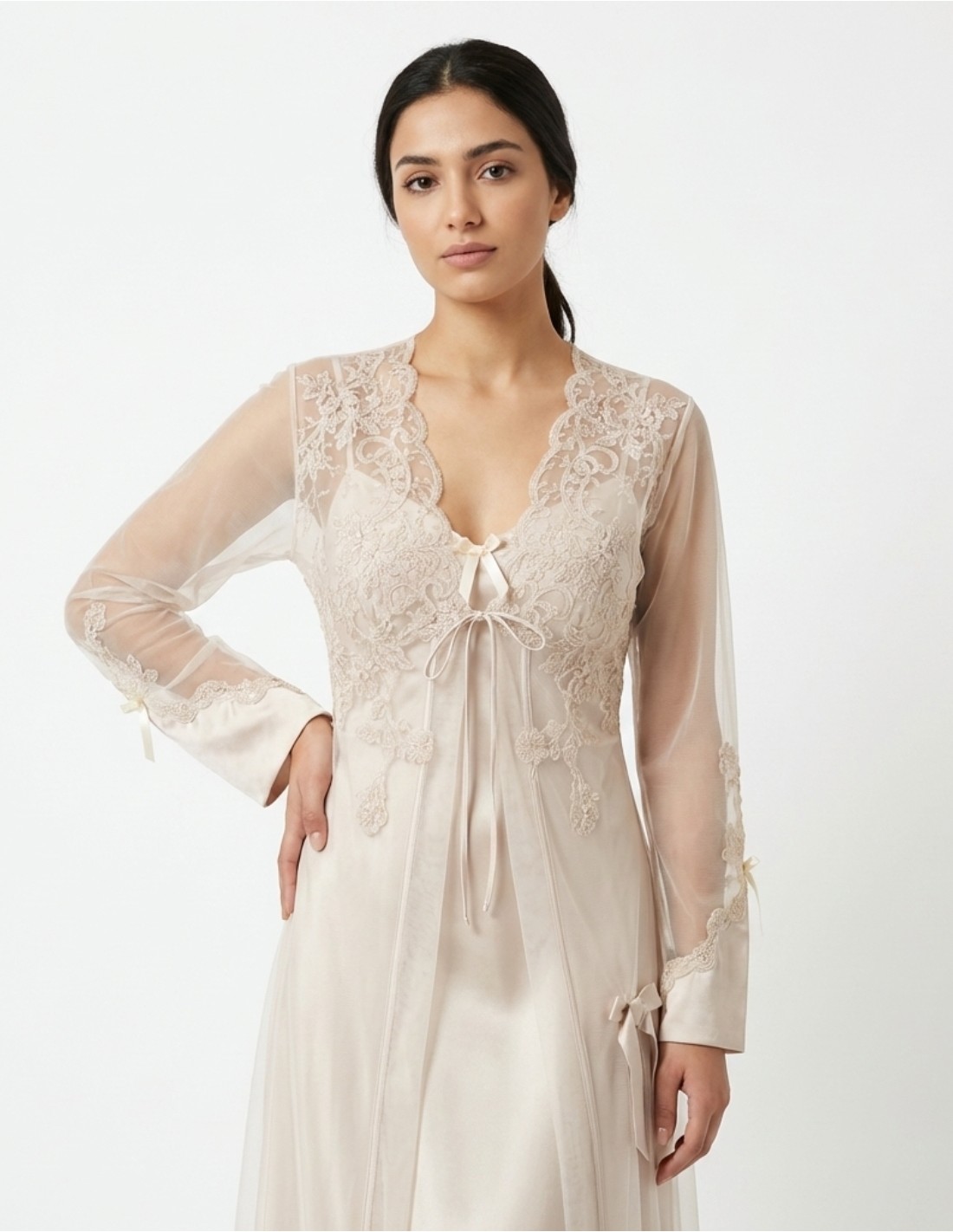 Elegant Beige Sheer Lace Long Jalabiya