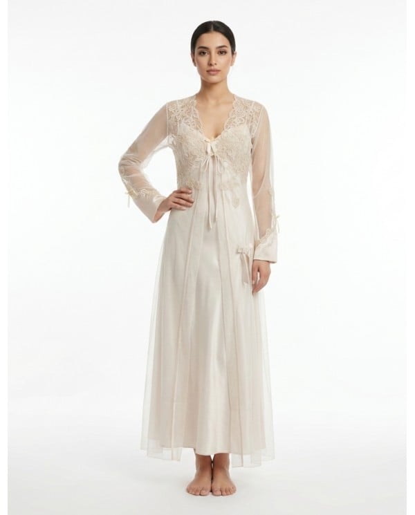 Elegant Beige Sheer Lace Long Jalabiya