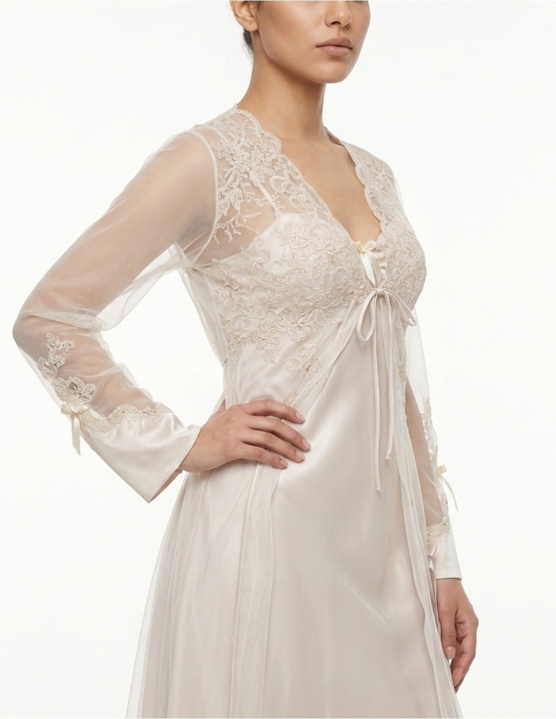 Elegant Beige Sheer Lace Long Jalabiya
