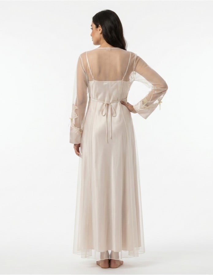 Elegant Beige Sheer Lace Long Jalabiya