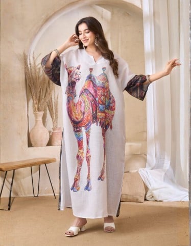 Vibrant Camel Print Kaftan with Patterned Sleeves