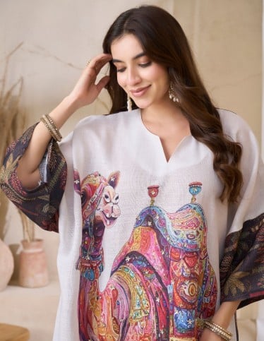 Vibrant Camel Print Kaftan with Patterned Sleeves