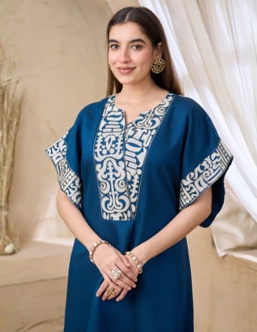 Navy Blue Kaftan Jalabiya with Heritage Embroidery
